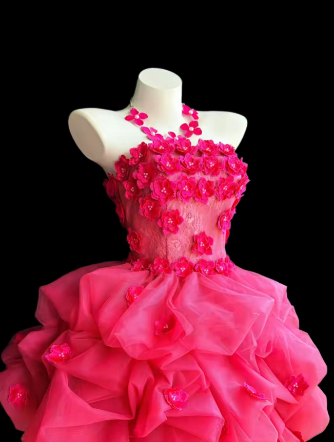 Pretty Ball Gown Strapless Hot Pink With Flowers Short Mini Party Homecoming Dresses High School Ideas Inspo 16th Birthday Outfits RB7356