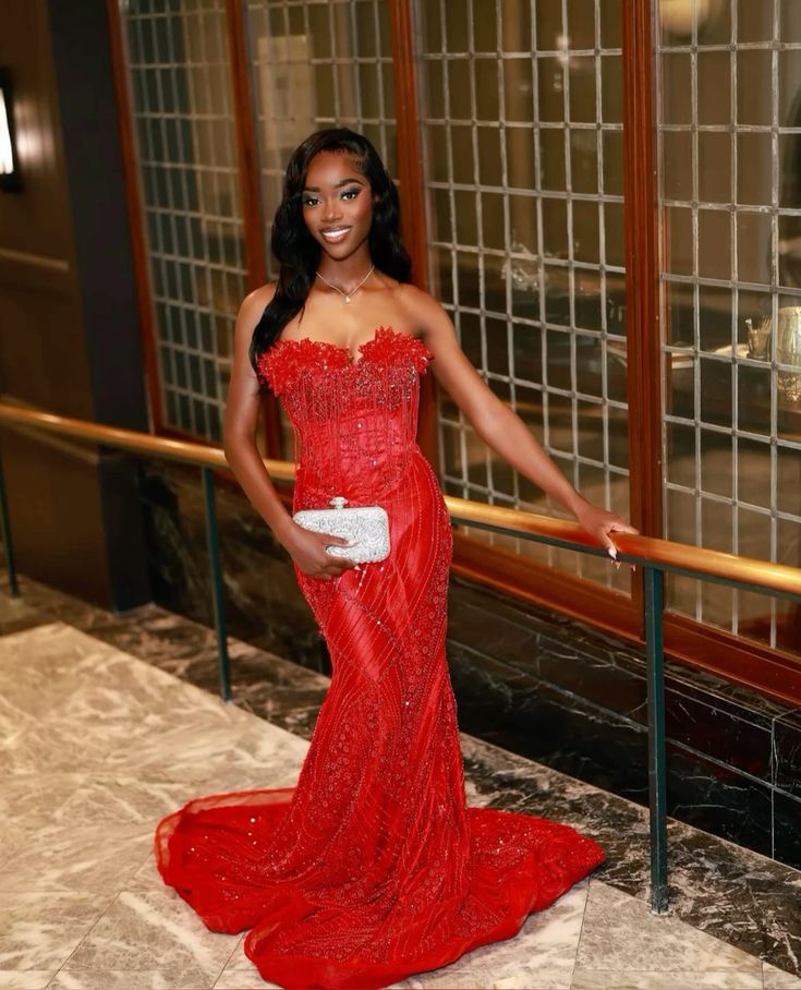 Elegantes Meerjungfrauen-Abendkleid mit Herzausschnitt für Damen, rotes Paillettenkleid, formelles Kleid für den 18. Geburtstag, AB783