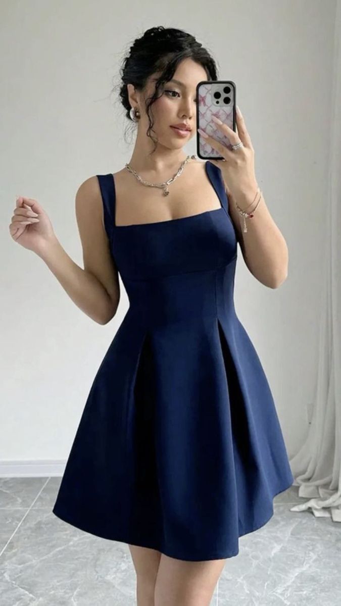 Elegantes A-Linien-Kleid mit eckigem Ausschnitt, marineblau, Satin, für die Einschulung, Abiball, kurze Minikleider, Homecoming-Kleider RB4386