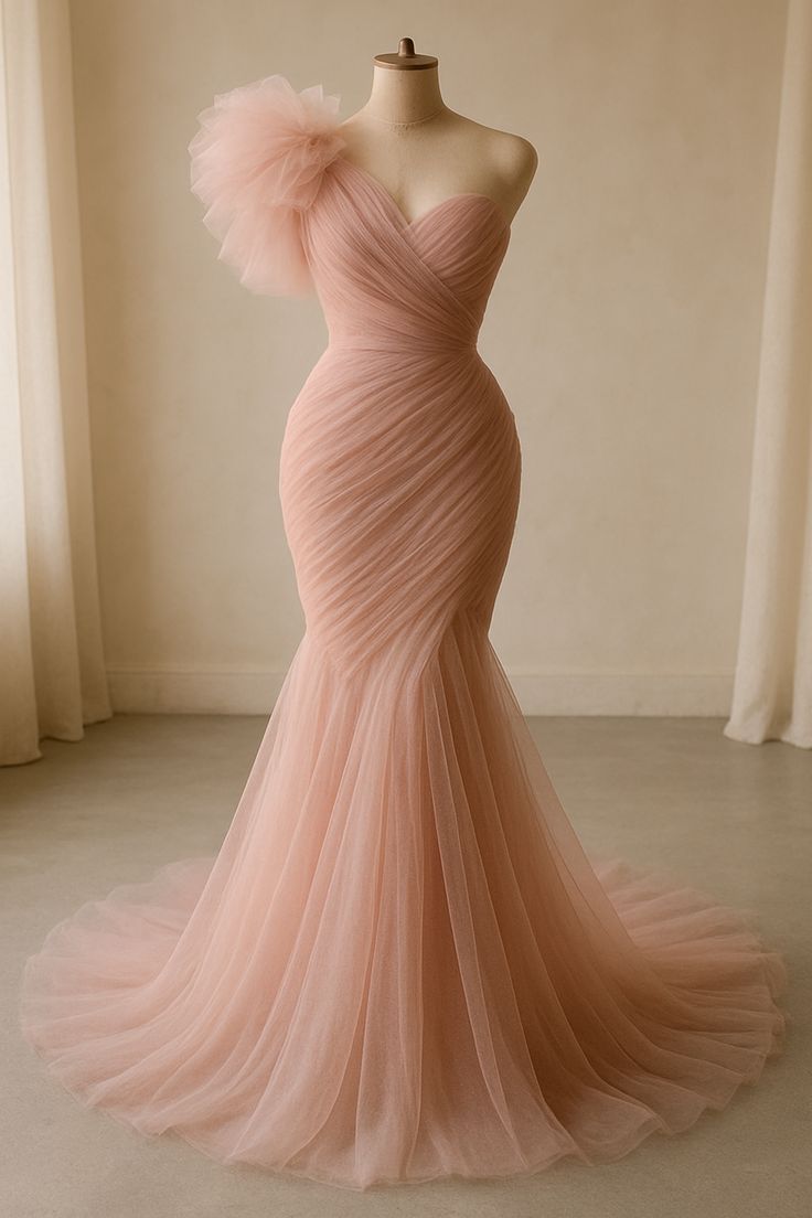 Sexy Mermaid One Shoulder Blush Pink Tulle Evening For Women Party Dresses Long Formal Prom Dresses 21st Birthday Gowns AB1313