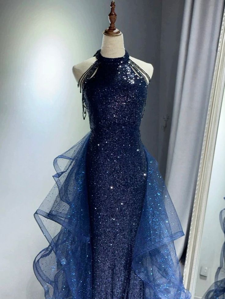 Marineblaues Pailletten-Abendkleid im Meerjungfrauenstil, langes Ballkleid AB680