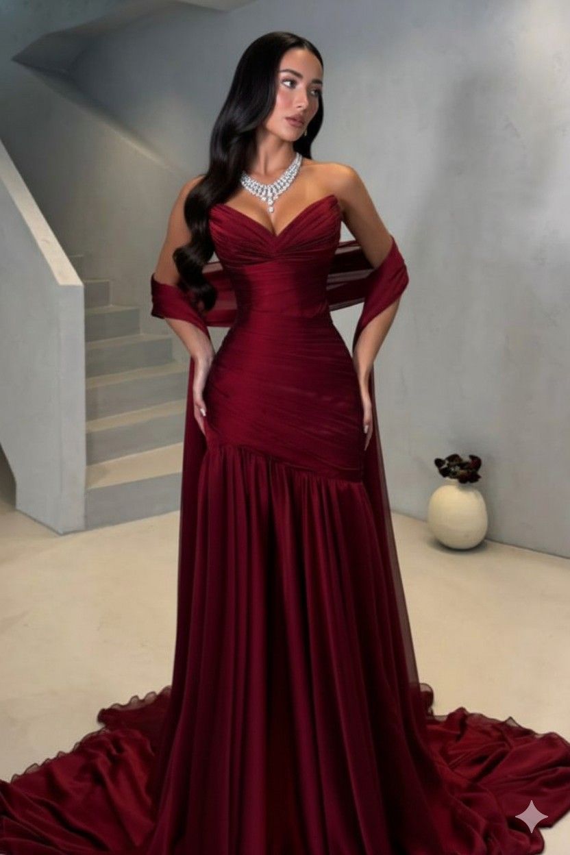 Robe de bal élégante sirène cœur bordeaux sans manches avec écharpe formelle pour femmes noires filles adolescentes N2278