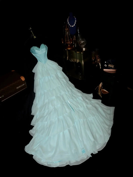 Charming Ball Gown Sweetheart Blue Chiffon With Tiered Long Prom Dresses Formal Outfits Evening Night Dress RB8264