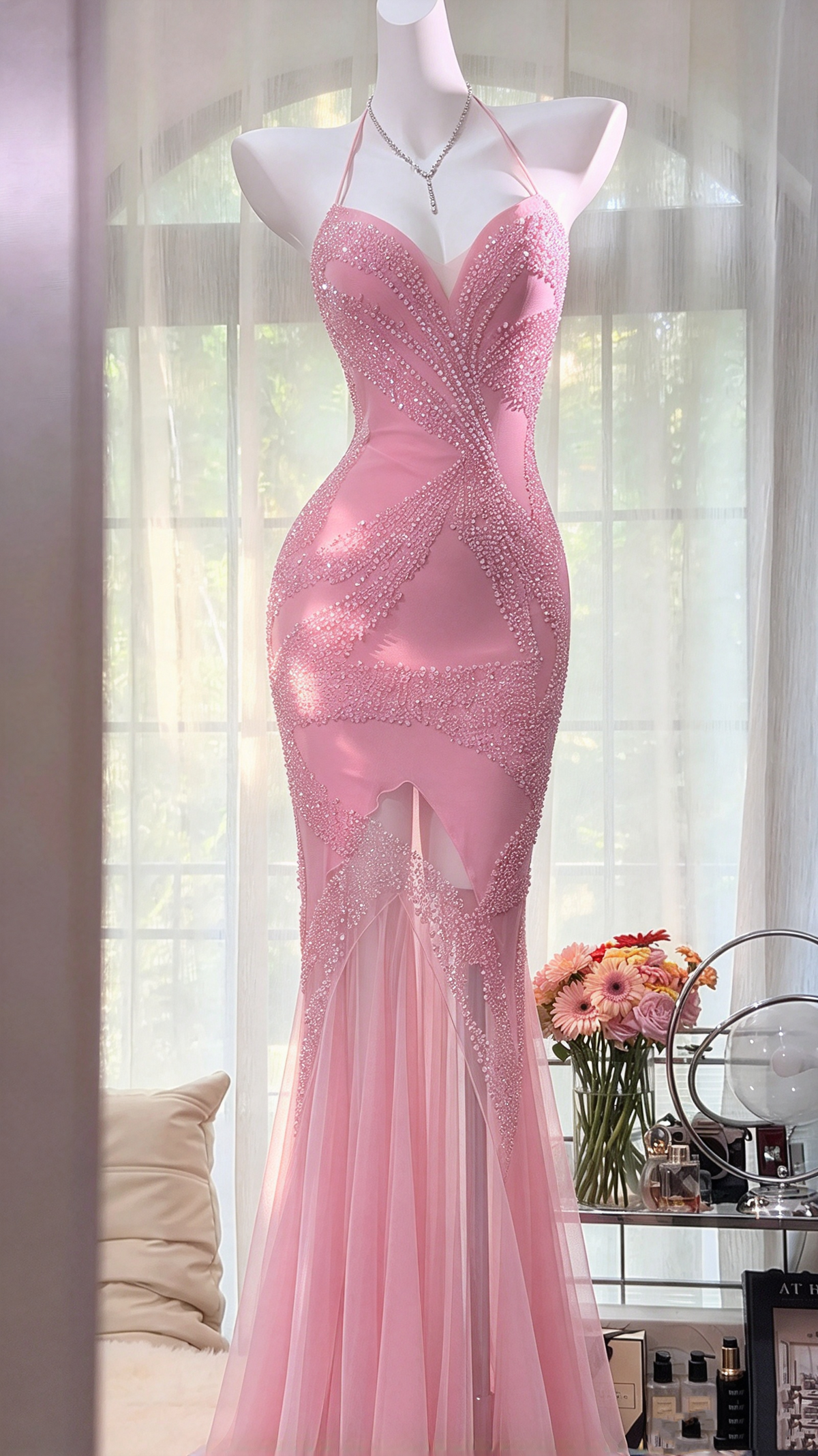 Stunning Prom Dresses Mermaid Halter Pink Chiffon With Beading Long Formal Dress RC1260
