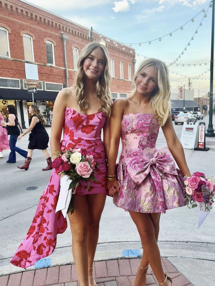 Pretty Ball Gown Strapless Floral Pink Satin Hoco dress inspo Short Hoco Dresses RB6051