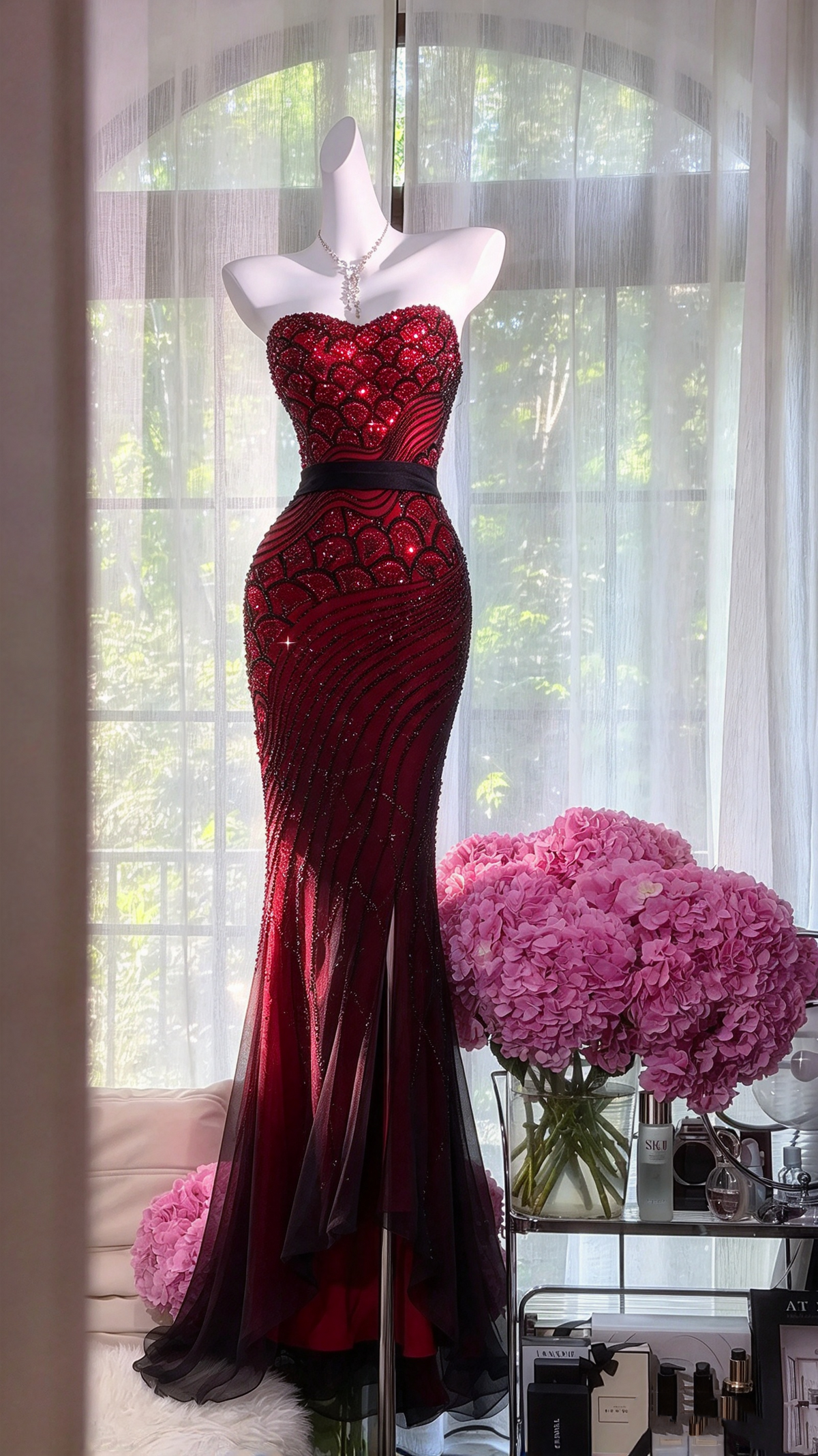 Modest Prom Dresses Mermaid Sweetheart Burgundy Black Tulle With Beading Long Formal Dress RC1263
