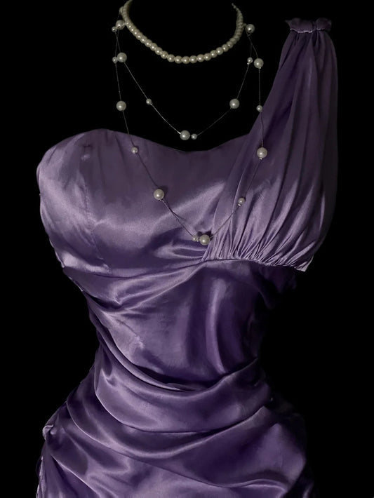 Vintage Prom Dresses 1950s Mermaid One Shoulder Purple Satin Floor Length Sleeveless Evening Formal Outfits RB4930