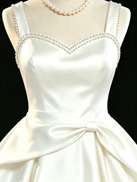 Unique Ball Gown Sweetheart White Satin With Pearls University Ideas Homecoming Dresses Inspo Short Hoco Court Gowns RB7186