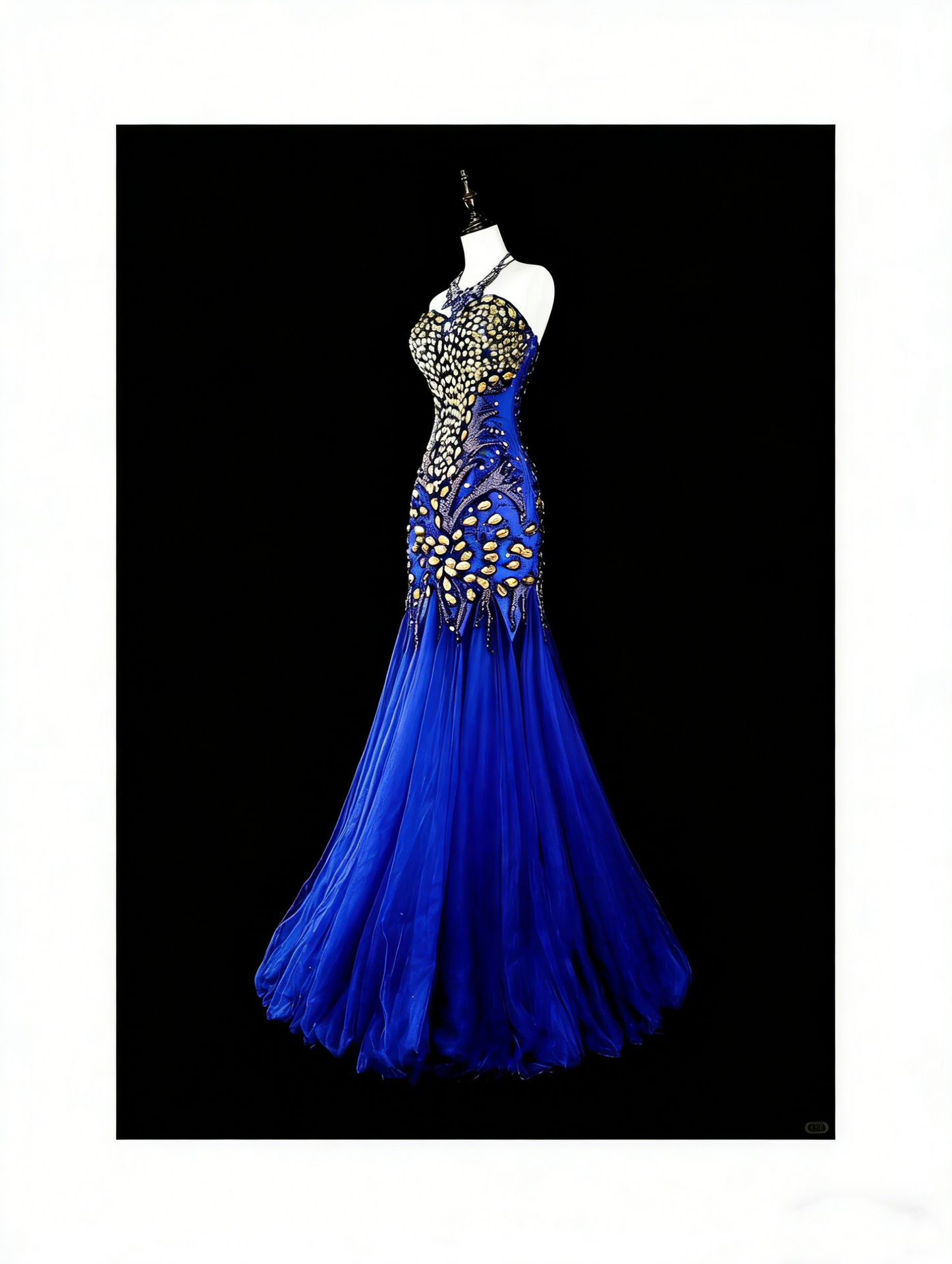 Vintage Meerjungfrauen-Abendkleid in Königsblau aus den 70er Jahren, langes Tüllkleid mit Herzausschnitt, N1833