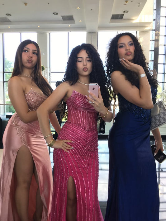 Sexy Mermaid Strapless Beaded Pink Long Prom Dress Inspo Party For Teens Girls Formal Gown RB8682