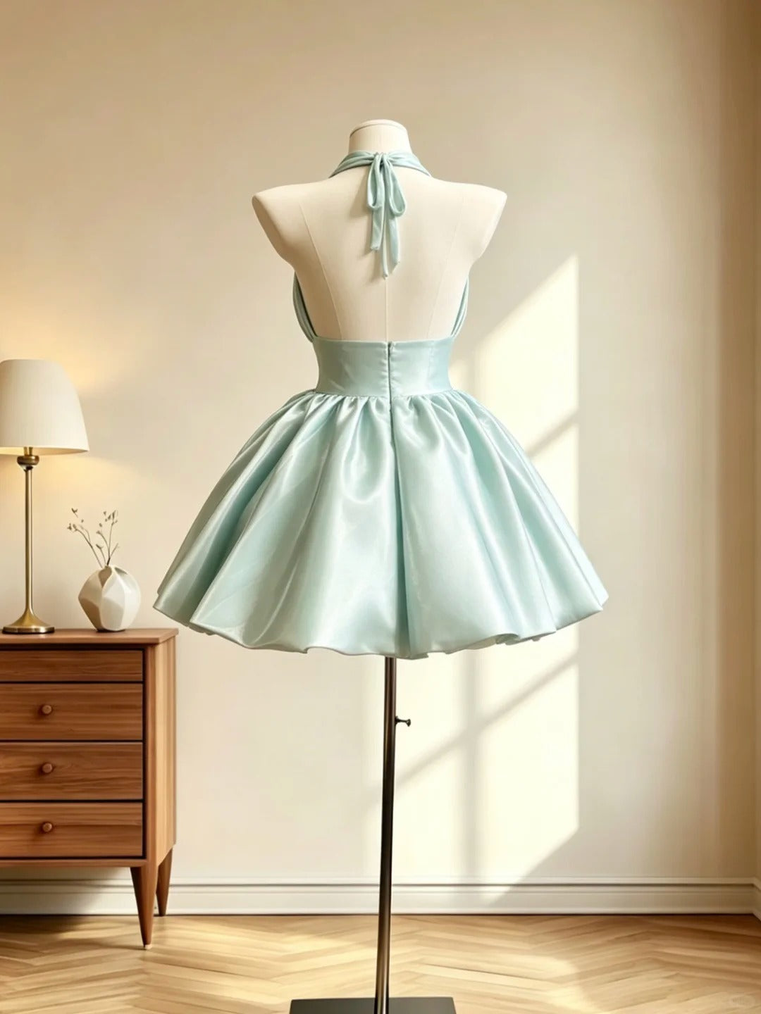 Edles Ballkleid Neckholder Mintgrün Satin Mini Senior Inspo Kurze Party Formelle Abschlussballkleider RB3064