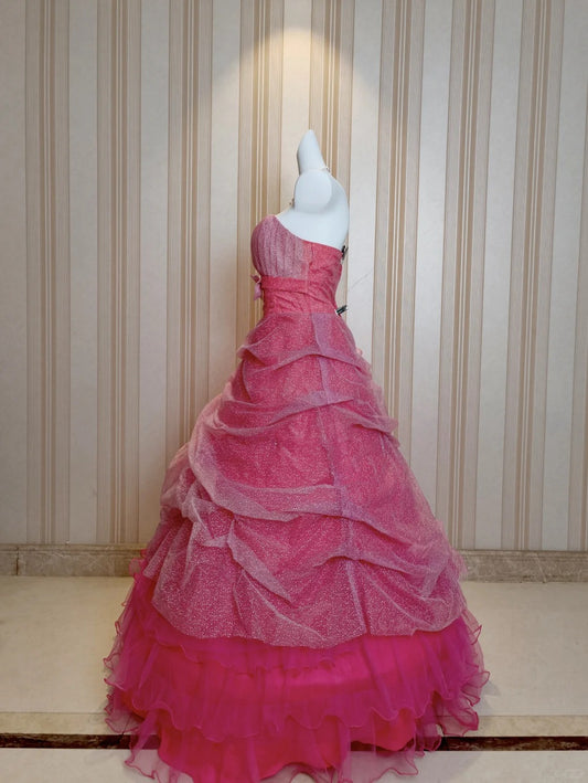 Süßes Ballkleid Trägerloses Tüll Pink Gestuft Sweet 16 Kleider Quinceanera Kleid Lang 15 Vestidos De Fiesta N4211