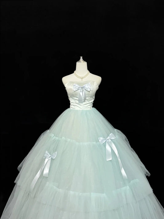 Sweet 15 Quinceanera Dress Ball Gown Strapless Mint Green With Bow-knot Tulle 15th Birthday Gown RC0239