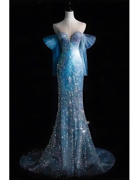 Robe de soirée sirène modeste à épaules dénudées ornée de perles, élégante robe de bal longue bleu glacier scintillante AB1702