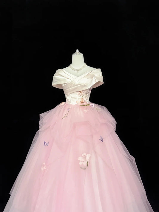 Cute Sweet 16 Dresses Long Ball Gown Off Shoulder Pink Tulle Formal Sweet Sixteen Birthday Gown RC0249