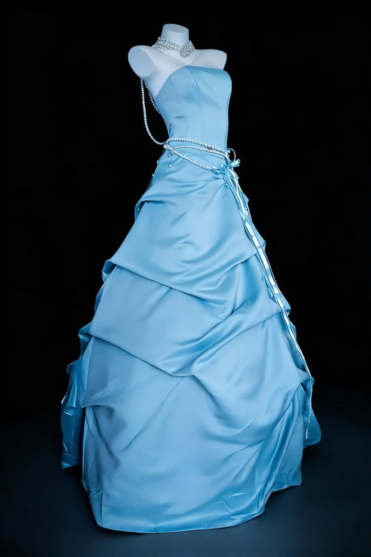 Bescheidene Ballkleider für den Abschlussball, trägerlos, aus blauem Satin mit Rüschen, langes Quinceañera-Kleid N3049