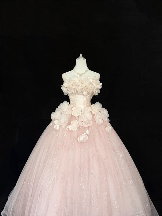 Sweet 16 Dresses Long Ball Gown Sweet Sixteen Long Birthday Dress Strapless 3D Flowers Pink Formal Gown RC0300