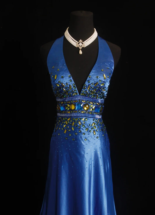 Vintage Ballkleider Meerjungfrau Königlich Blau V-Ausschnitt mit goldener Perlenstickerei 80er Jahre Abendkleid RB3274