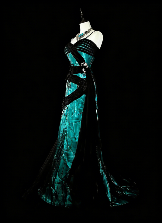 Vintage 1960s Mermaid Spaghetti Strap Black Tulle Green Satin Sleeveless Long Prom Formal Dresses N1585