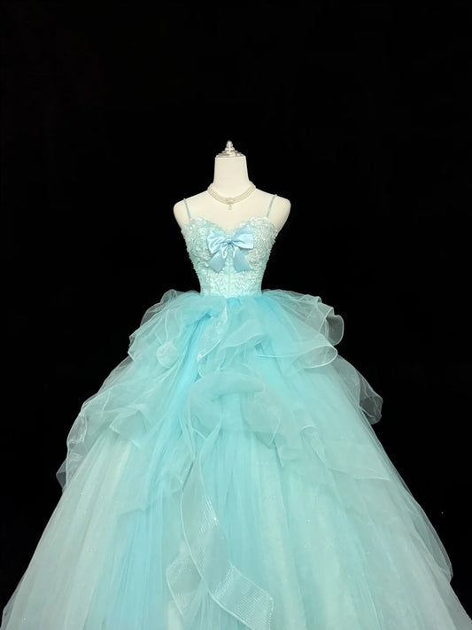 Sweet 15 Quinceanera Dress Ball Gown Spaghetti Straps Blue With Bow-knot Tulle 15th Birthday Gown RC0247