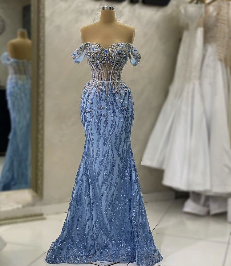 Elegantes, kristallbesetztes Meerjungfrauen-Abendkleid, blau, paillettenbesetzt, kurze Ärmel, Ballkleid, formelles Kleid AB1692