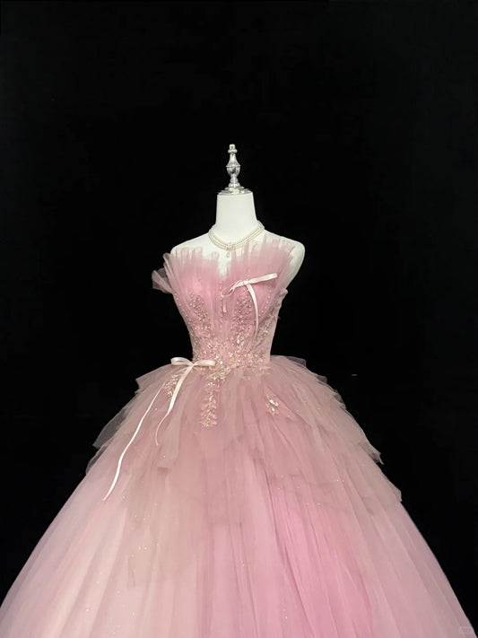 Sweet 16 Dresses Long Ball Gown Sweet Sixteen Long Birthday Dress Strapless Pink Tulle Formal Gown RC0326