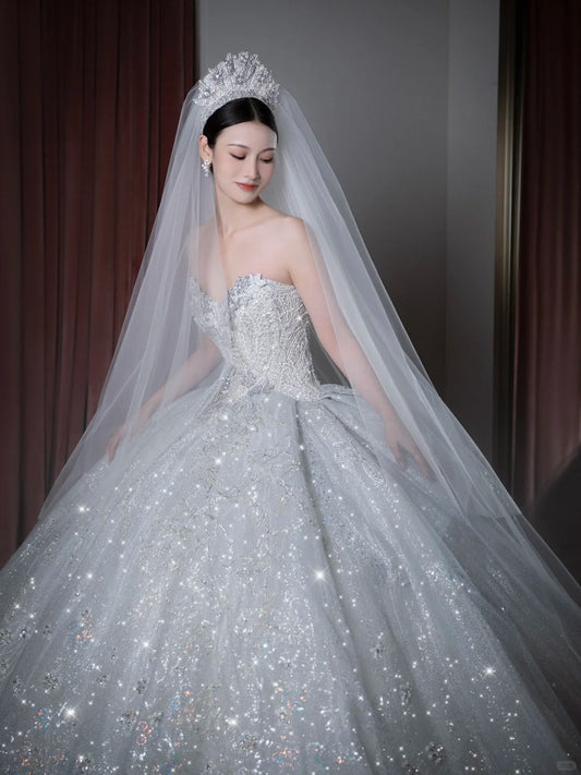 Modern Minimalist Ball Gown Sweetheart Sleeveless White Sequined Brides Gown Bridal Dress Wedding Dresses Style RB6563