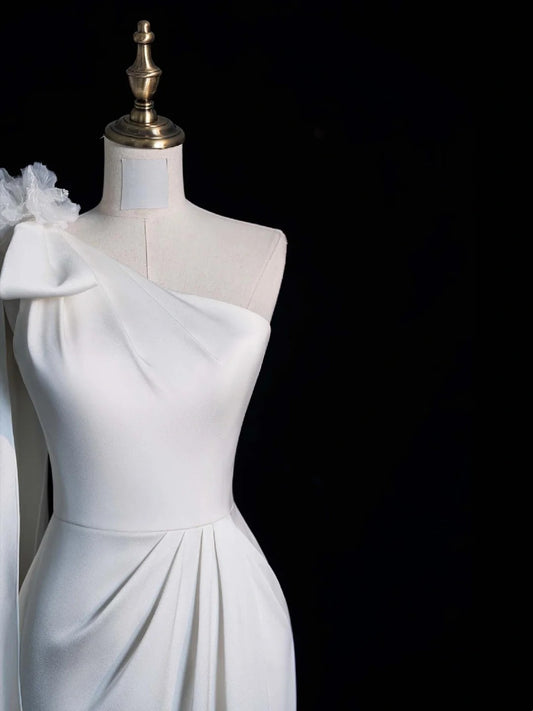 Pretty Mermaid One Shoulder White Satin With Buttons Long Brides Gown Bridal Dress Wedding Dresses Style RB6553