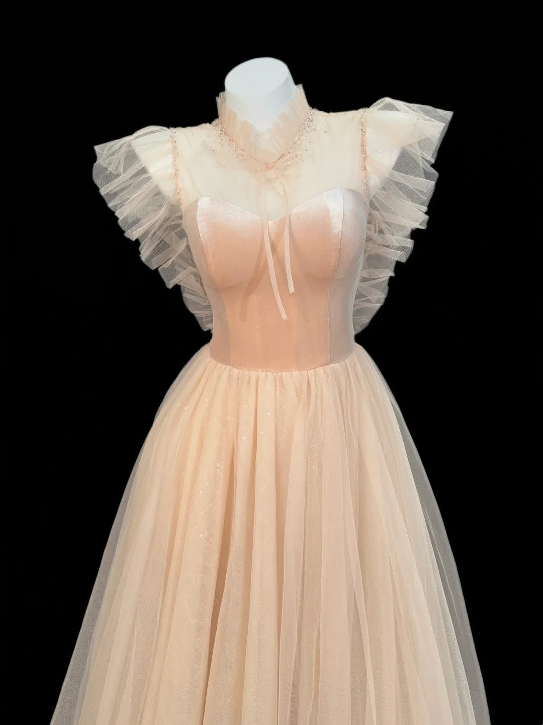 Robes de bal de princesse formelles trapèze col carré rose blush en tulle longues robes de soirée N4503