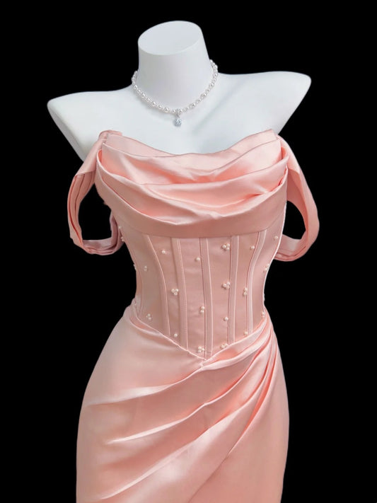 Prinzessin Abschlussballkleider Formelle Meerjungfrau Off-Shoulder Rouge Pink Satin Lange Partykleider N4558