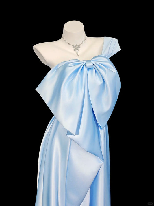 Prinzessin Abschlussballkleider Formelles A-Linien-Kleid One-Shoulder Blau Satin Ärmellos Lange Partykleider N4545