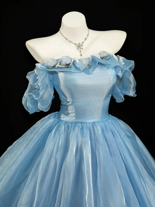 Prinzessin Abschlussballkleider Formelle Ballkleider Off Shoulder Blau mit Ärmeln Lange Partykleider N4518