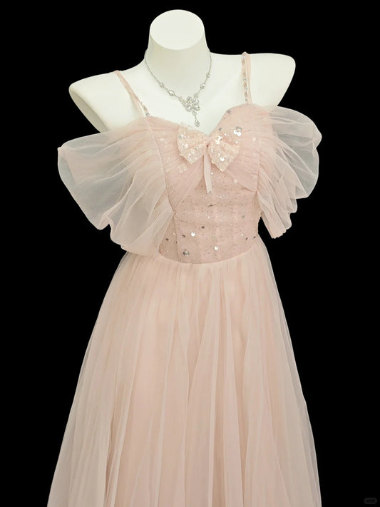 Prinzessin Abschlussballkleider Festlich A-Linie Off The Shoulder Blush Rosa Mit Ärmeln Tüll Lange Abendkleider N4533