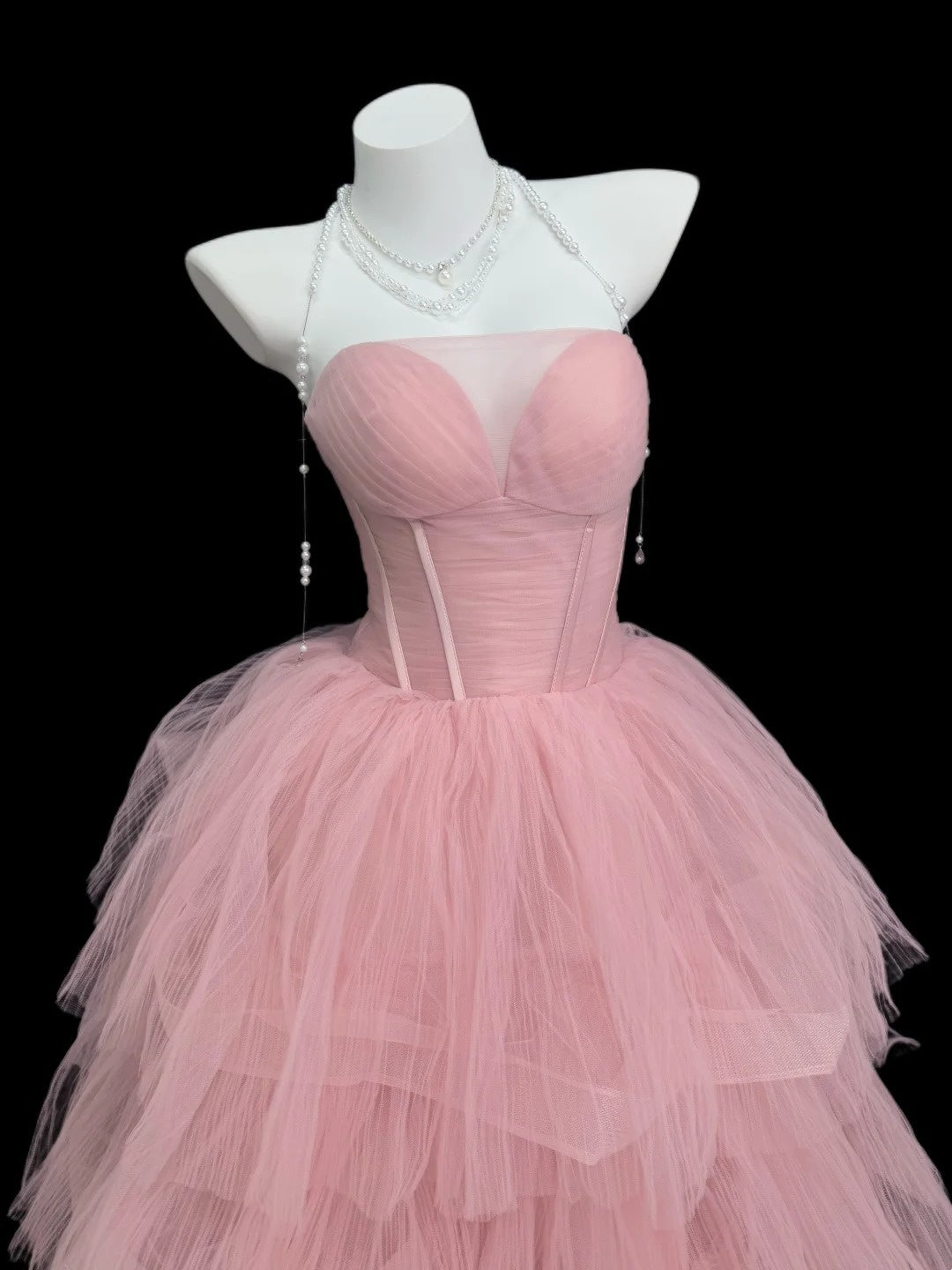 Princess Prom Dresses Formal Ball Gowns Strapless Sleeveless Pink Tulle Long Party Gowns N4509