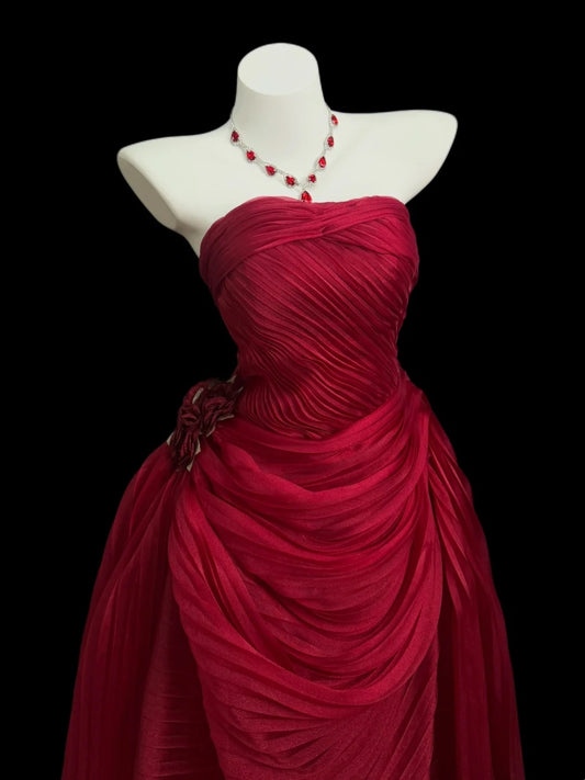 Prinzessin Abschlussballkleider Formelles Meerjungfrau-Kleid Trägerlos Ärmellos Rot Lange Partykleider N4516