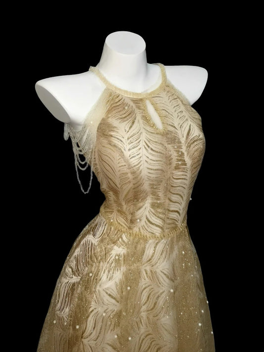 Prinzessin Abschlussballkleider Festlich A-Linie Neckholder Gold Pailletten Ärmellos Lange Partykleider N4538