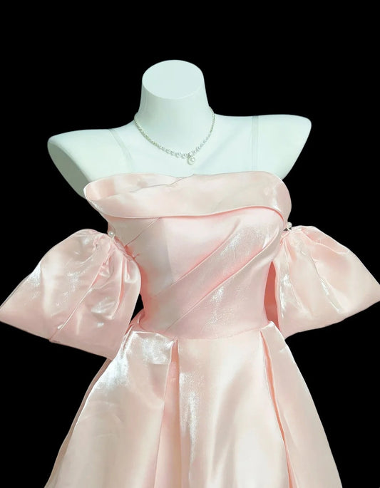 Cute Ball Gown Off The Shoulder Pink Satin Short Cocktail Gown Homecoming Dresses Ideas Hoco Outfits RB5439