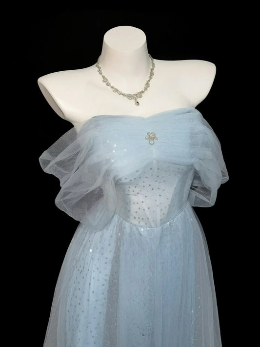 Prinzessin Abschlussballkleider Formelle A-Linie Off-Shoulder Hellblau mit Ärmeln Lange Partykleider N4520