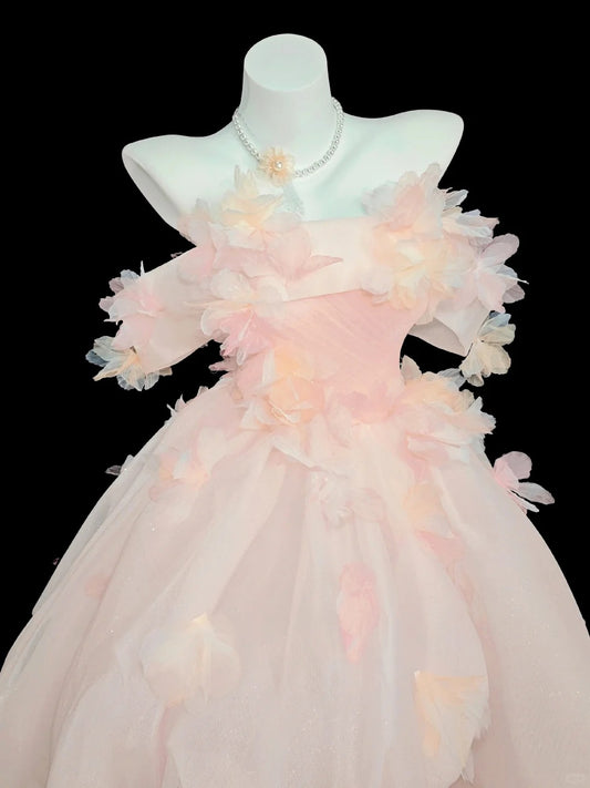 Prinzessin Abschlussballkleider Formelle Ballkleider Off Shoulder Hellrosa Tüll Lange Partykleider N4507