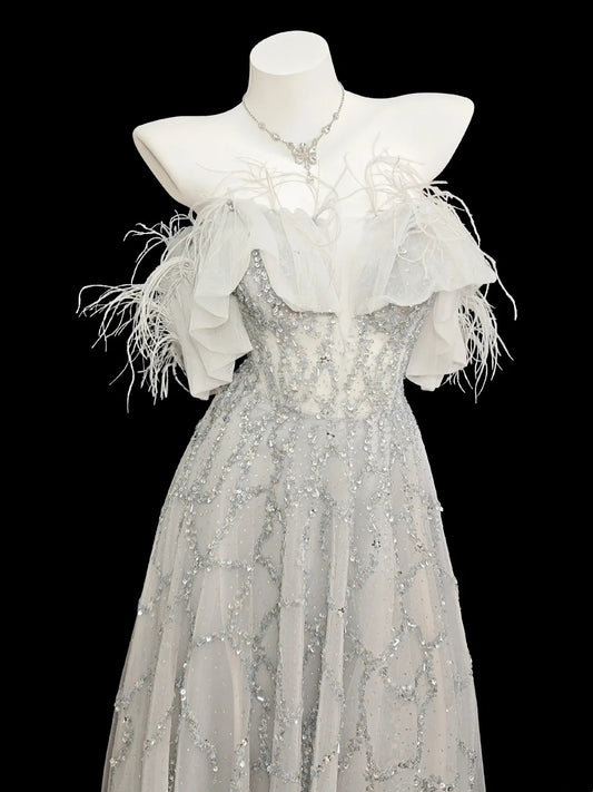 Prinzessin Abschlussballkleider Formelles A-Linien-Kleid schulterfrei grau Pailletten lange Partykleider N4504