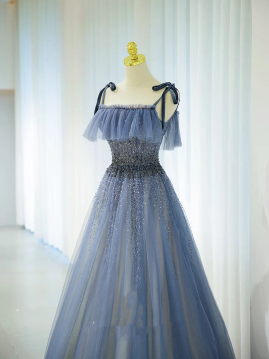 Romantic A Line Spaghetti Strap Dusty Blue Grey With Beading Formal Dress Long Prom Dresses N2856