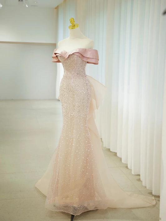 Sparkly Mermaid Off The Shoulder Pink Sequined Prom Dresses Party Dress Birthday Outfits Graduation Gown N2857