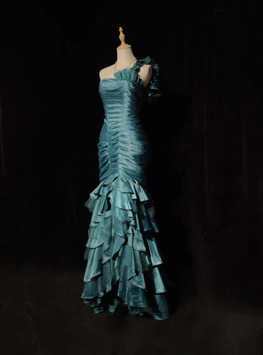 Vintage Meerjungfrau Ein Schulter Trägerlos Staubblau Satin mit Falten Ärmelloses Langes Abendkleid Ballkleid Geburtstag Abschlussballkleider N2442