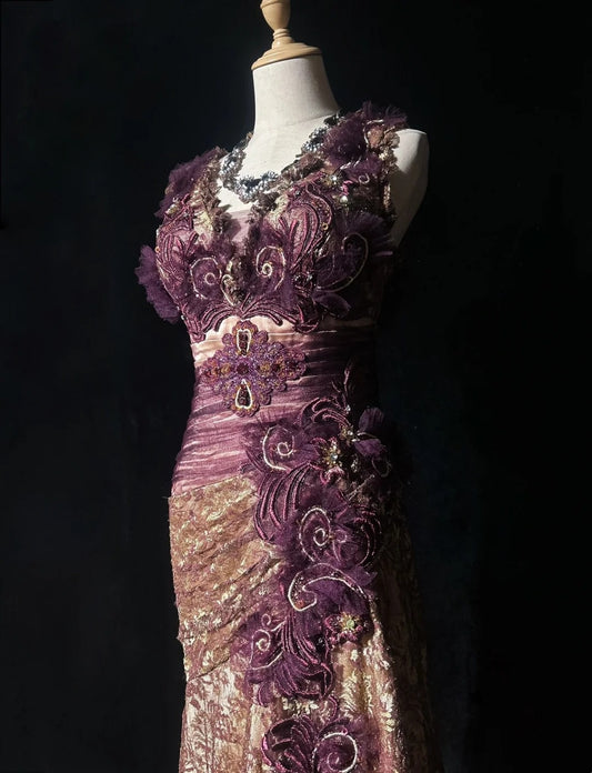 Vintage Abschlussballkleider Meerjungfrau V-Ausschnitt Goldspitze mit Blumen 80er Jahre Lange Formelle Abendkleider N3881