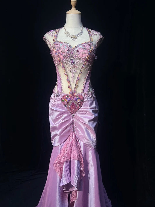 Vintage Abschlussballkleider Meerjungfrau Sweetheart Lila Spitze Satin mit Perlenstickerei 80er Jahre Lange Formelle Abendkleider N3883