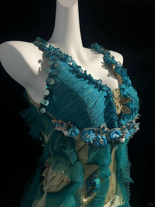 Vintage Prom Dresses 1970s A Line V Neck Blue Tulle With Beads Sleeveless Prom Dresses Evening Formal Outfits RB5126