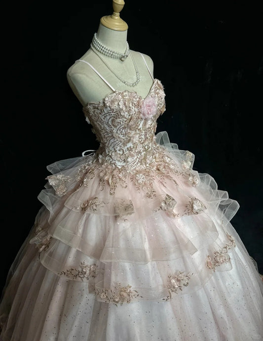 Süßes Ballkleid Spaghettiträger Tüll mit Blumen Sweet 16 Kleider Quinceanera Kleid Lang 15 Vestidos De Fiesta N4219