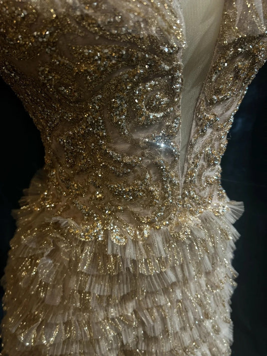 Vintage-Abschlussballkleider A-Linie Spaghettiträger Goldspitze mit Ärmeln 80er-Jahre-Abend-Formales Kleid RB3268