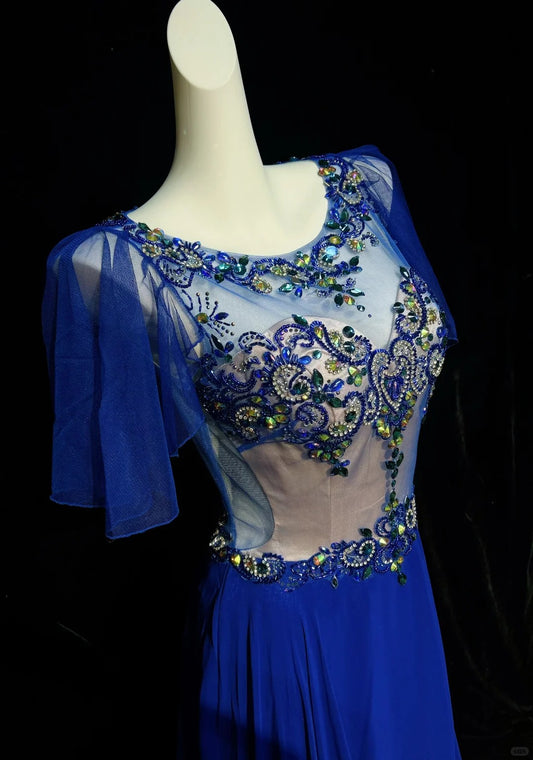 Vintage Prom Dresses 1960s A line Scoop Royal Blue Chiffon With Beaded Sleeves Evening Formal Outfits RB5138