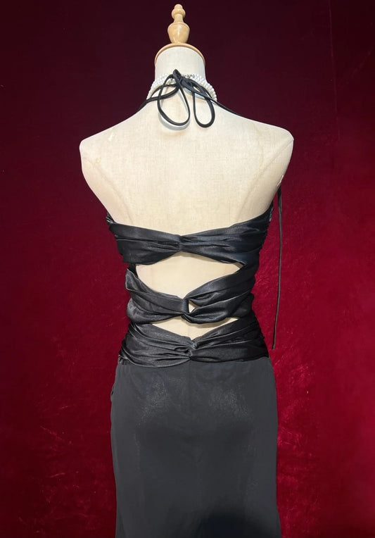 Black Prom Dress Inspo A line Halter Chiffon Satin 18th Birthday Outfits Formal Party Gown RC0114